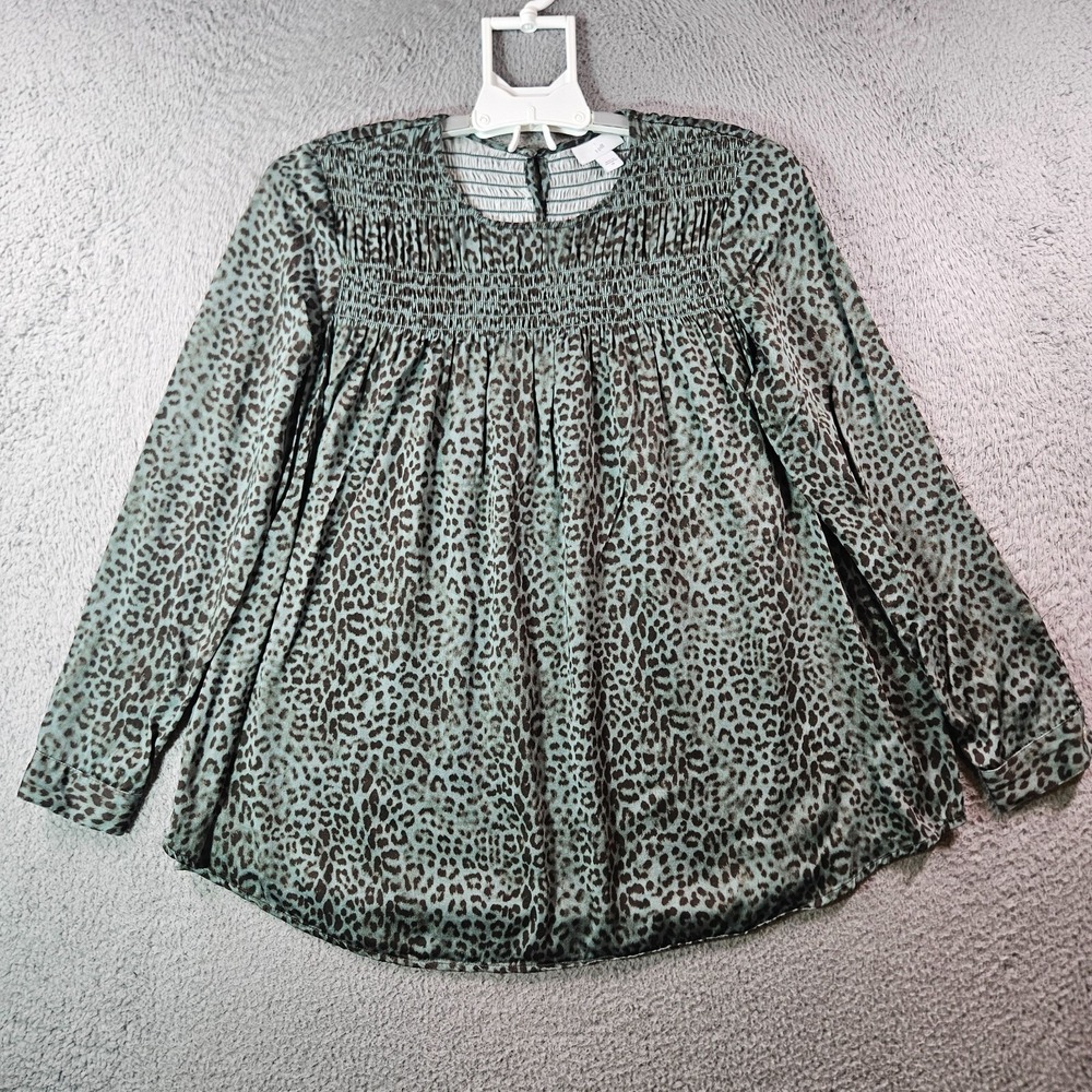 J Jill Tunic Top Blouseâ Women XS Long Sleeve Tiger Leopard Print Green Brown